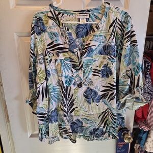 Leafy Print Blouse - Blue, Green, Black